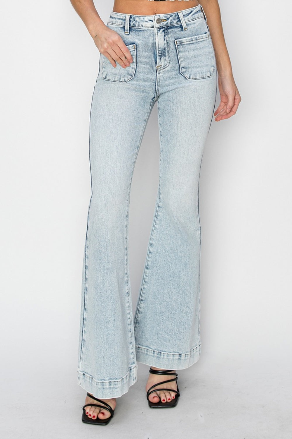 Risen Full Size High Rise Front Patch Pocket Flare Jeans - Sydney So Sweet