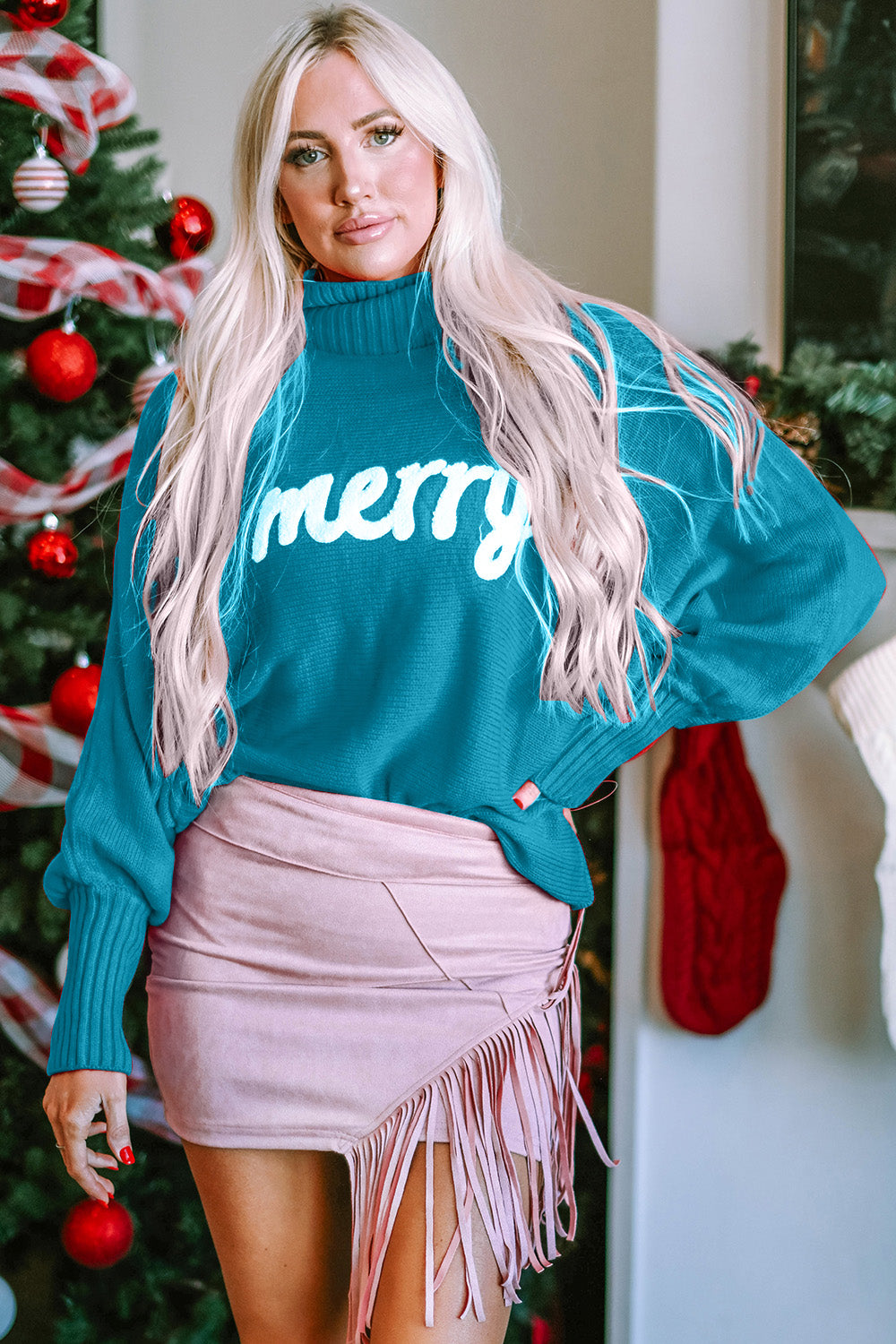 Double Take Full Size Merry Christmas Turtleneck Long Sleeve Sweater - Sydney So Sweet