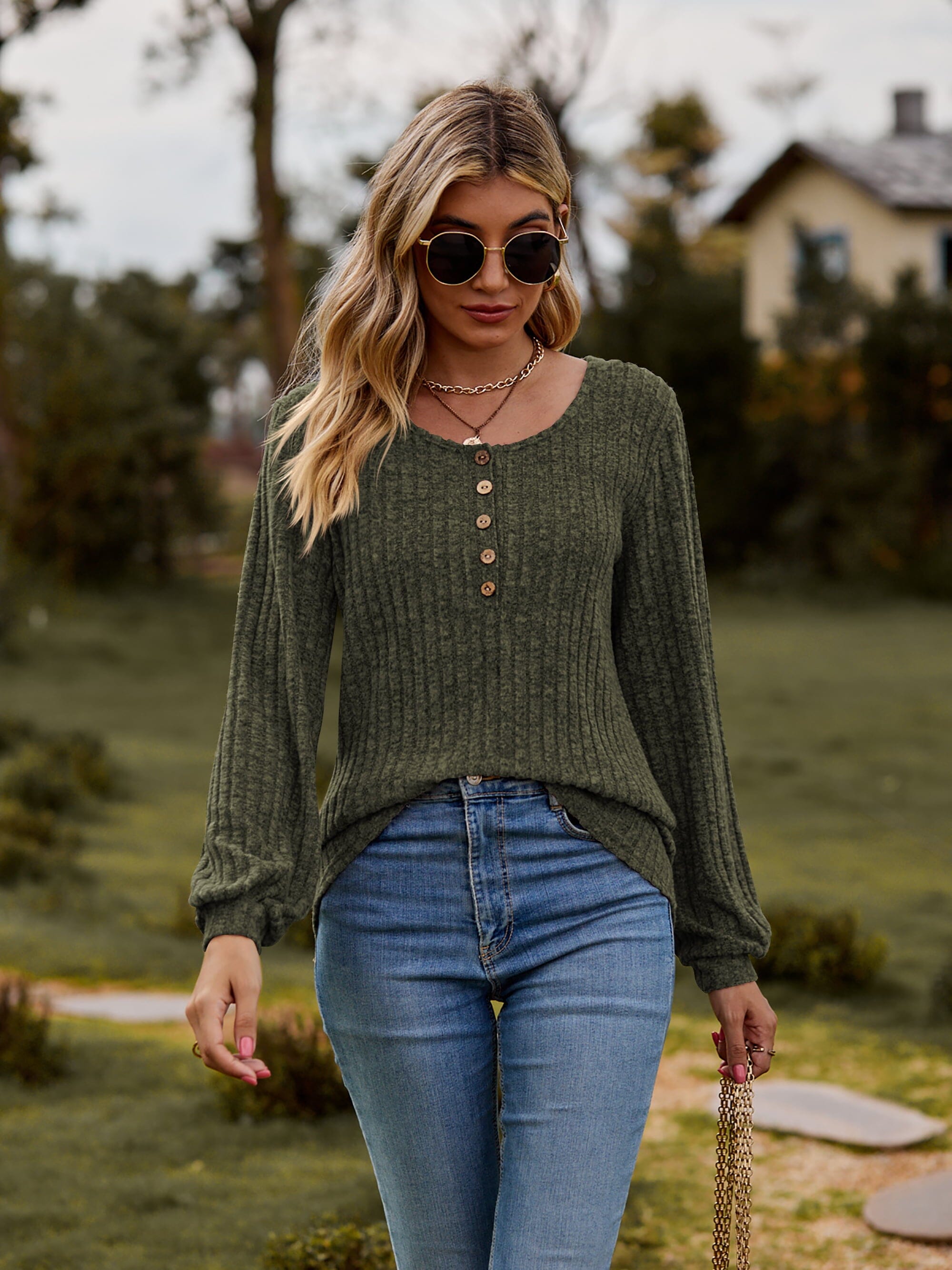 Round Neck Button-Down Long Sleeve Tee - Sydney So Sweet