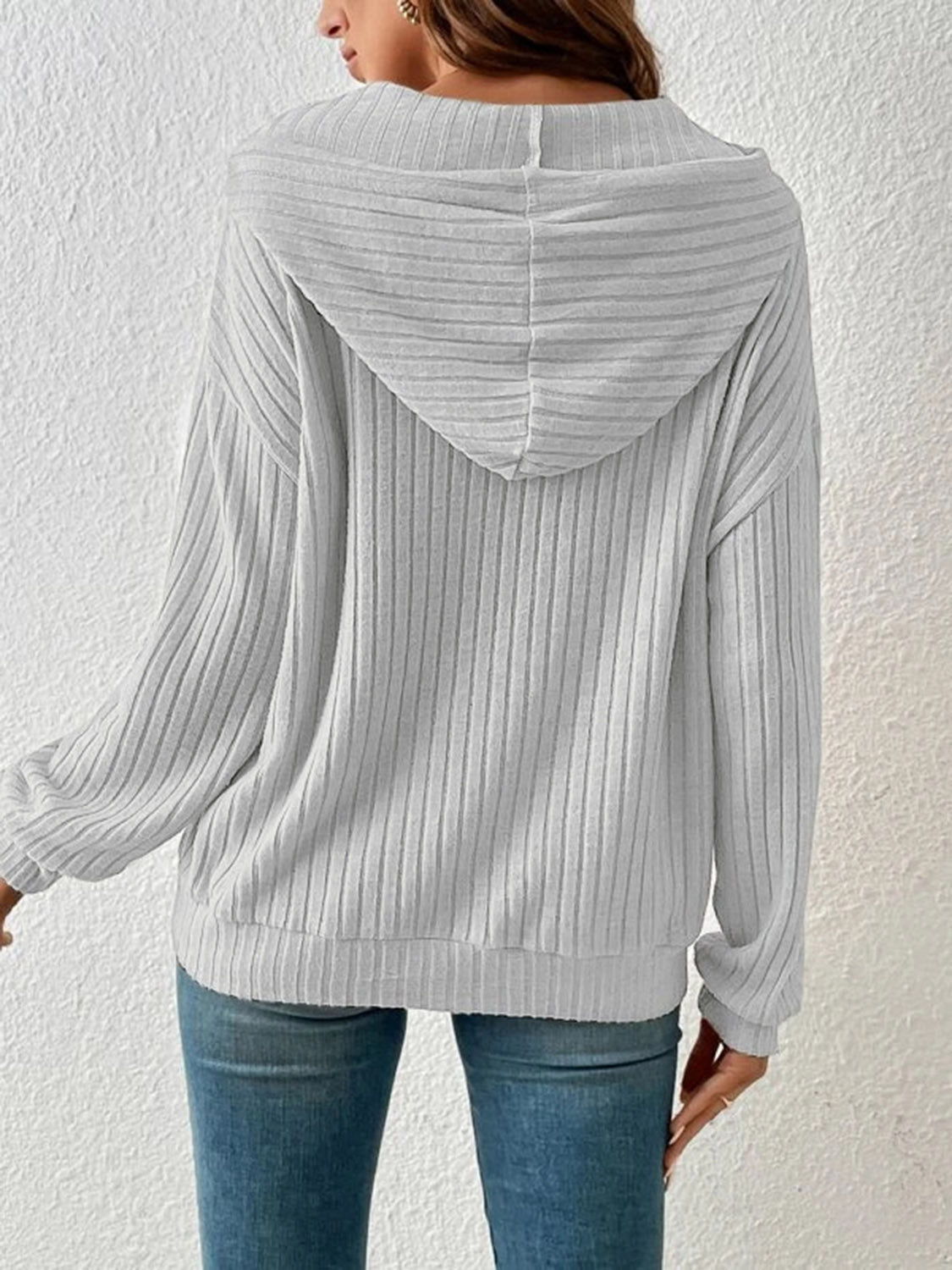 Ribbed Dropped Shoulder Drawstring Hoodie - Sydney So Sweet