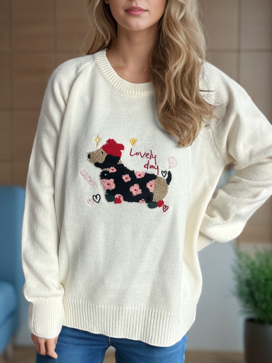 Puppy Round Neck Raglan Sleeve Sweater - Sydney So Sweet