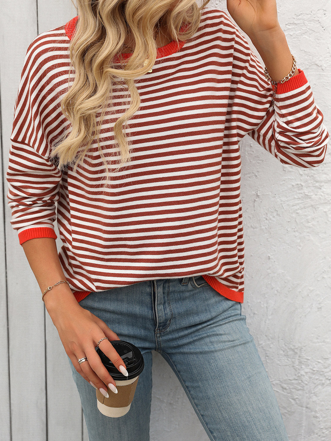 Mandy Striped Round Neck Long Sleeve Sweater - Sydney So Sweet