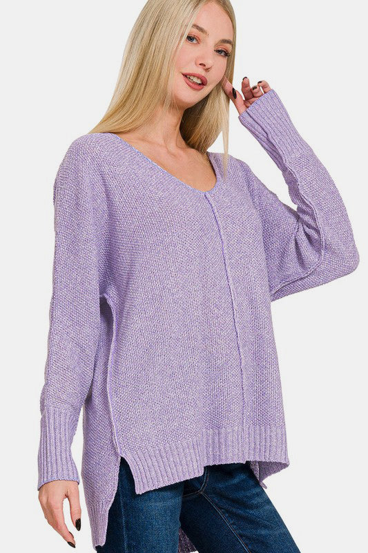 Zenana High-Low Center Seam V-Neck Sweater - Sydney So Sweet