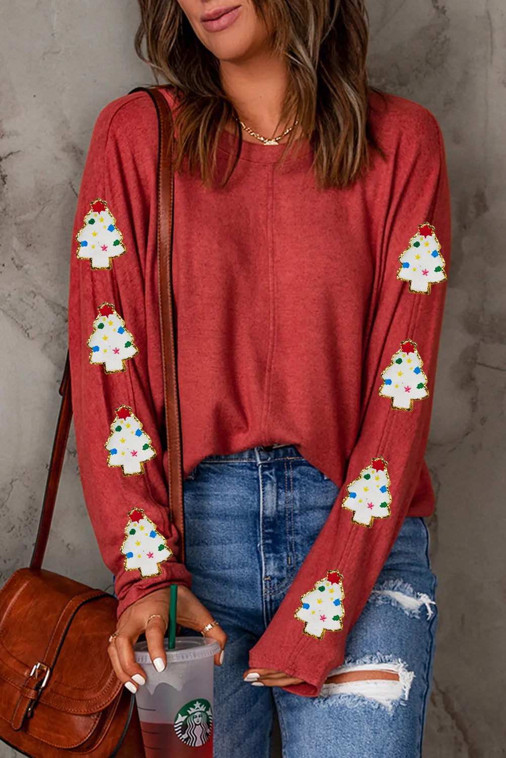 Christmas Tree Round Neck Long Sleeve Top - Sydney So Sweet