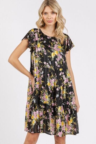 Mittoshop Flower Print Round Neck Flutter Sleeve Tiered Dress - Sydney So Sweet