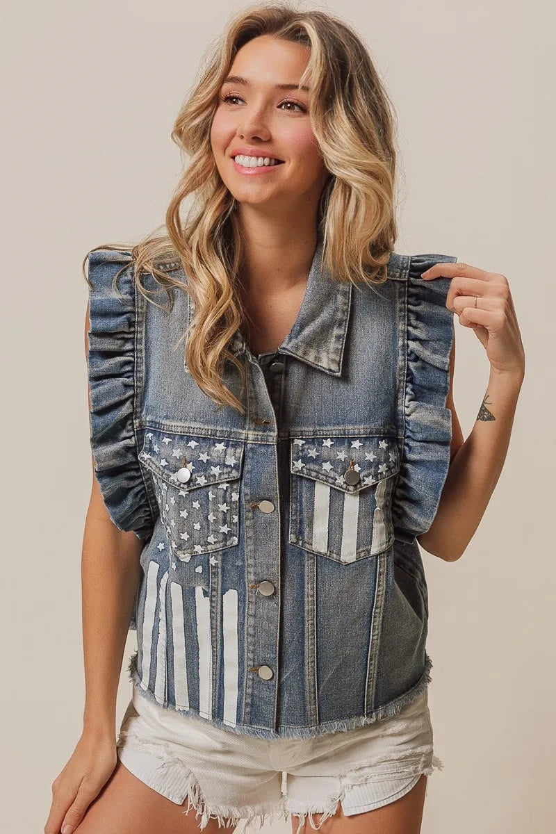 BiBi American Flag Washed Denim Jacket - Sydney So Sweet