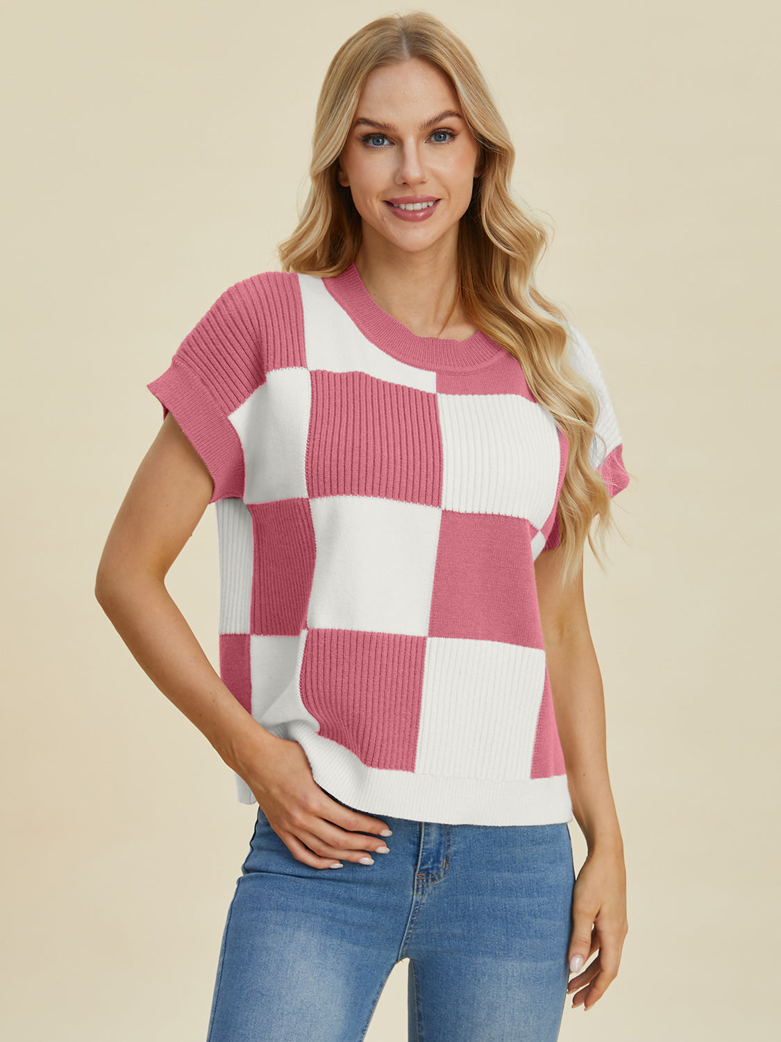 Double Take Full Size Checkered Round Neck Short Sleeve Sweater - Sydney So Sweet