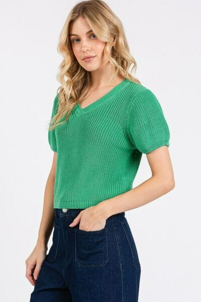 Mittoshop V-Neck Short Sleeve Crop Sweater - Sydney So Sweet
