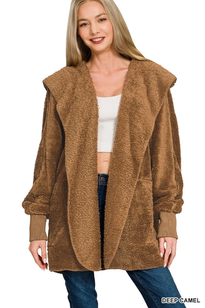 Zenana Hooded Faux Fur Jacket with Pockets - Sydney So Sweet