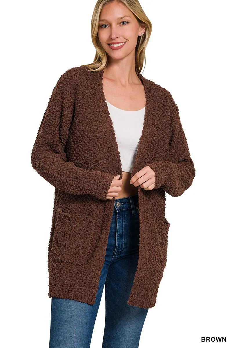 Zenana Long Sleeve Popcorn Sweater Cardigan with Pockets - Sydney So Sweet