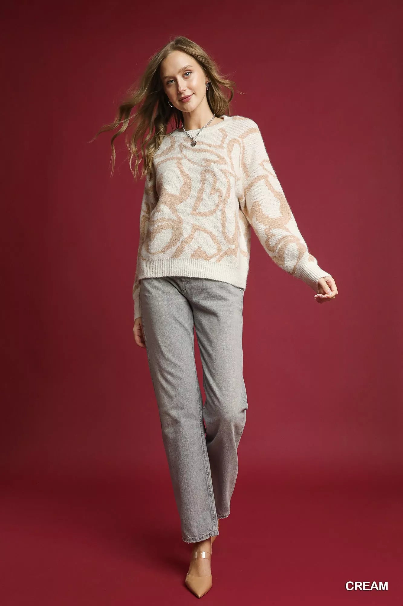 Umgee Heart Print Crew Neck Sweater - Sydney So Sweet