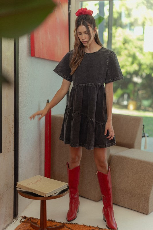 Annie Wear Mineral Washed Round Neck Short Sleeve Denim Dress - Sydney So Sweet