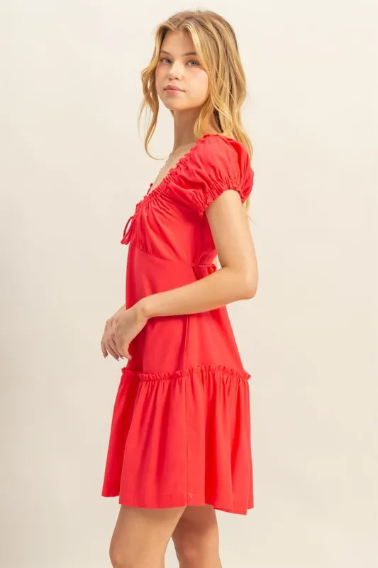 Hyfve Ruched Frill Tiered Short Sleeve Mini Dress Red / M