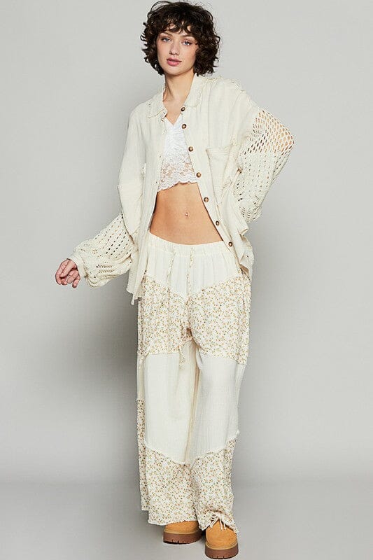 POL Openwork Lantern Sleeve Button Down Gauze Shirt - Sydney So Sweet