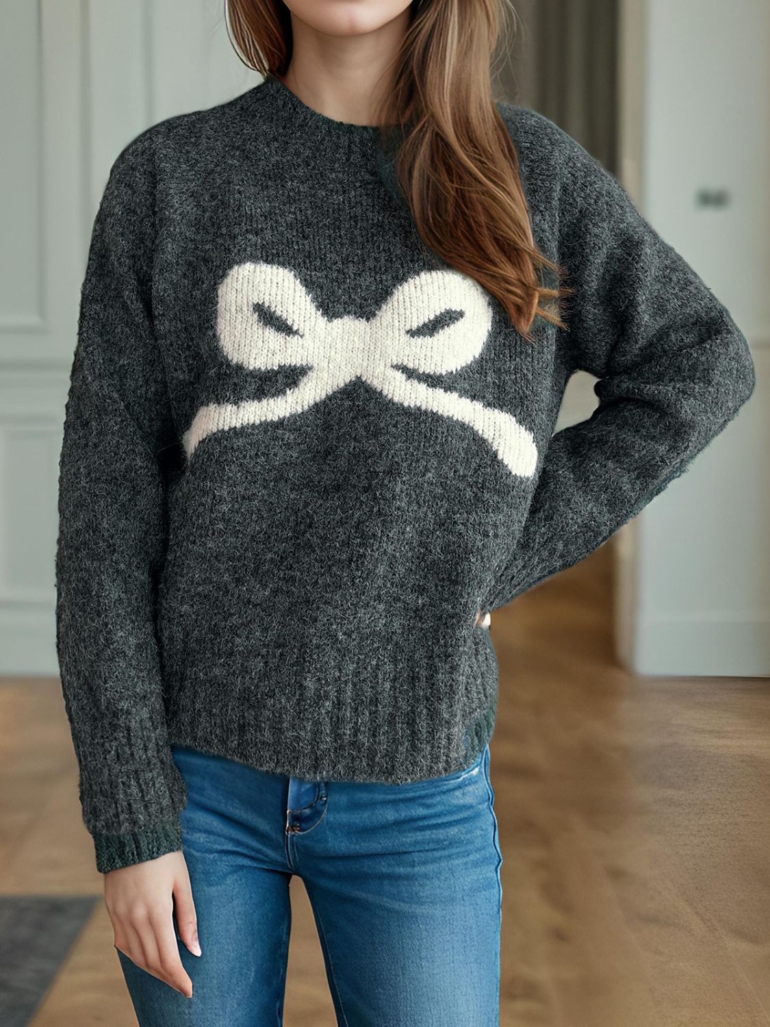 Bow Round Neck Long Sleeve Sweater - Sydney So Sweet