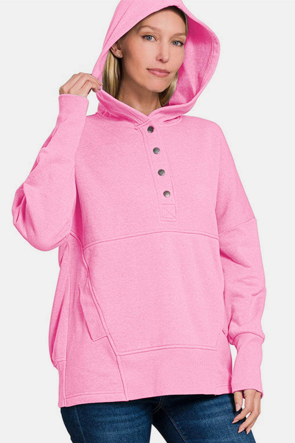 Zenana Half Snap Long Sleeve Hoodie with Kangaroo Pocket - Sydney So Sweet