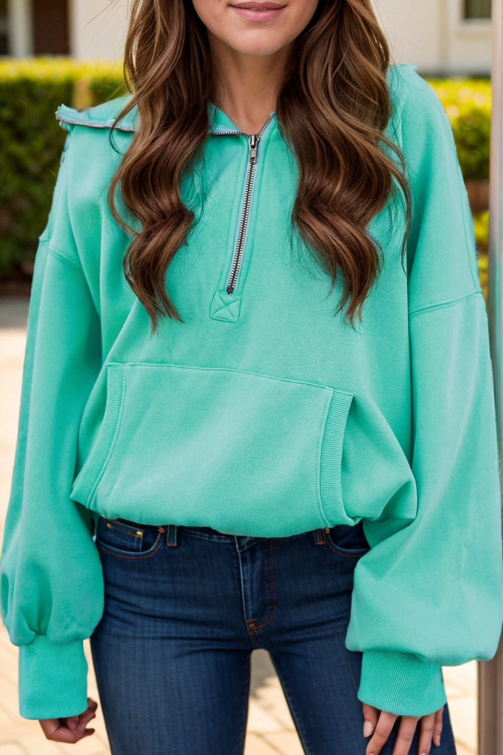 Pocketed Half Zip Long Sleeve Hoodie - Sydney So Sweet