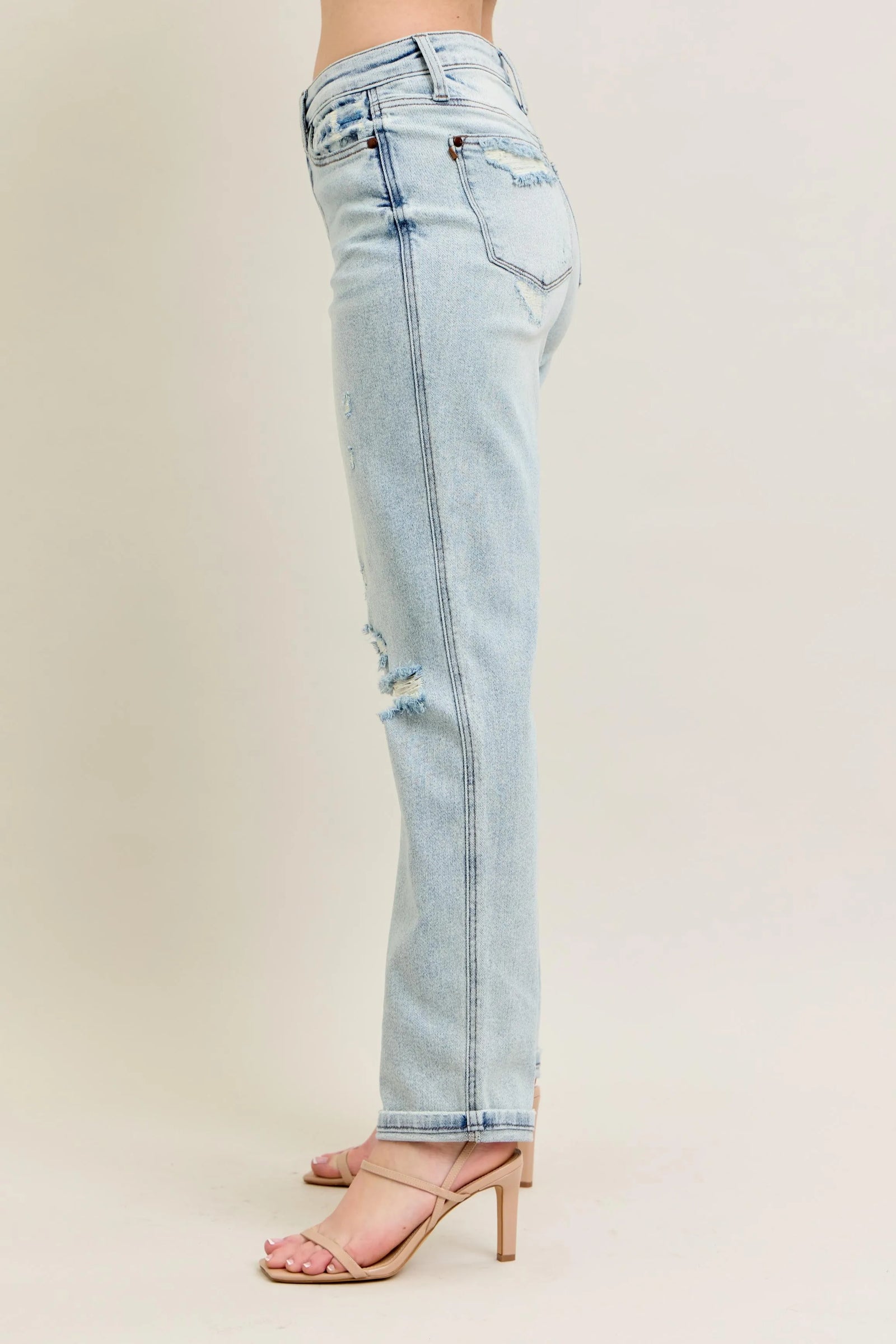 Judy Blue Full Size Mr Repair Stitch Detail Destroy Single Cuff Bf Jeans Plus Size - Sydney So Sweet