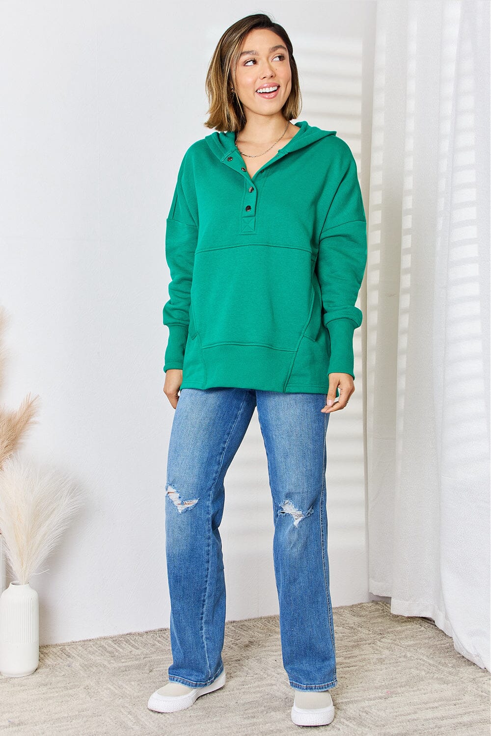 Zenana Half Snap Long Sleeve Hoodie - Sydney So Sweet