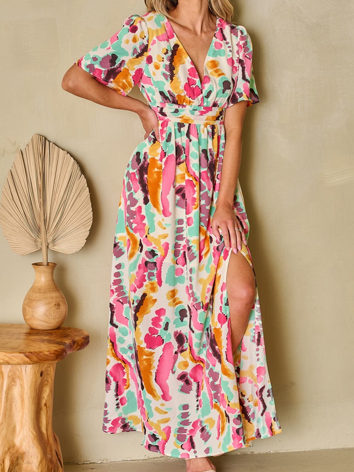 Slit Printed Surplice Short Sleeve Maxi Dress - Sydney So Sweet