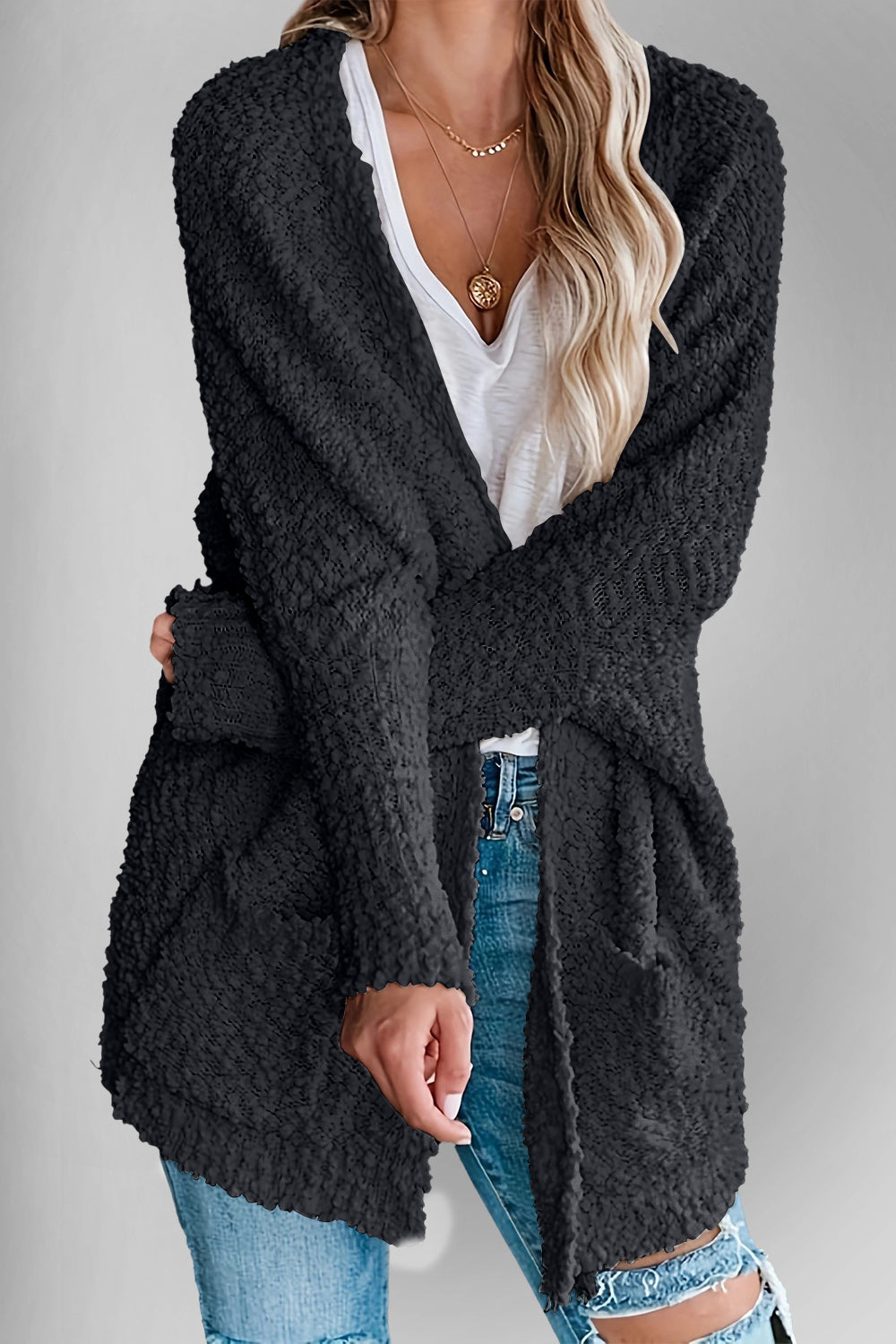 Double Take Pocketed Open Front Long Sleeve Cardigan Sweater - Sydney So Sweet