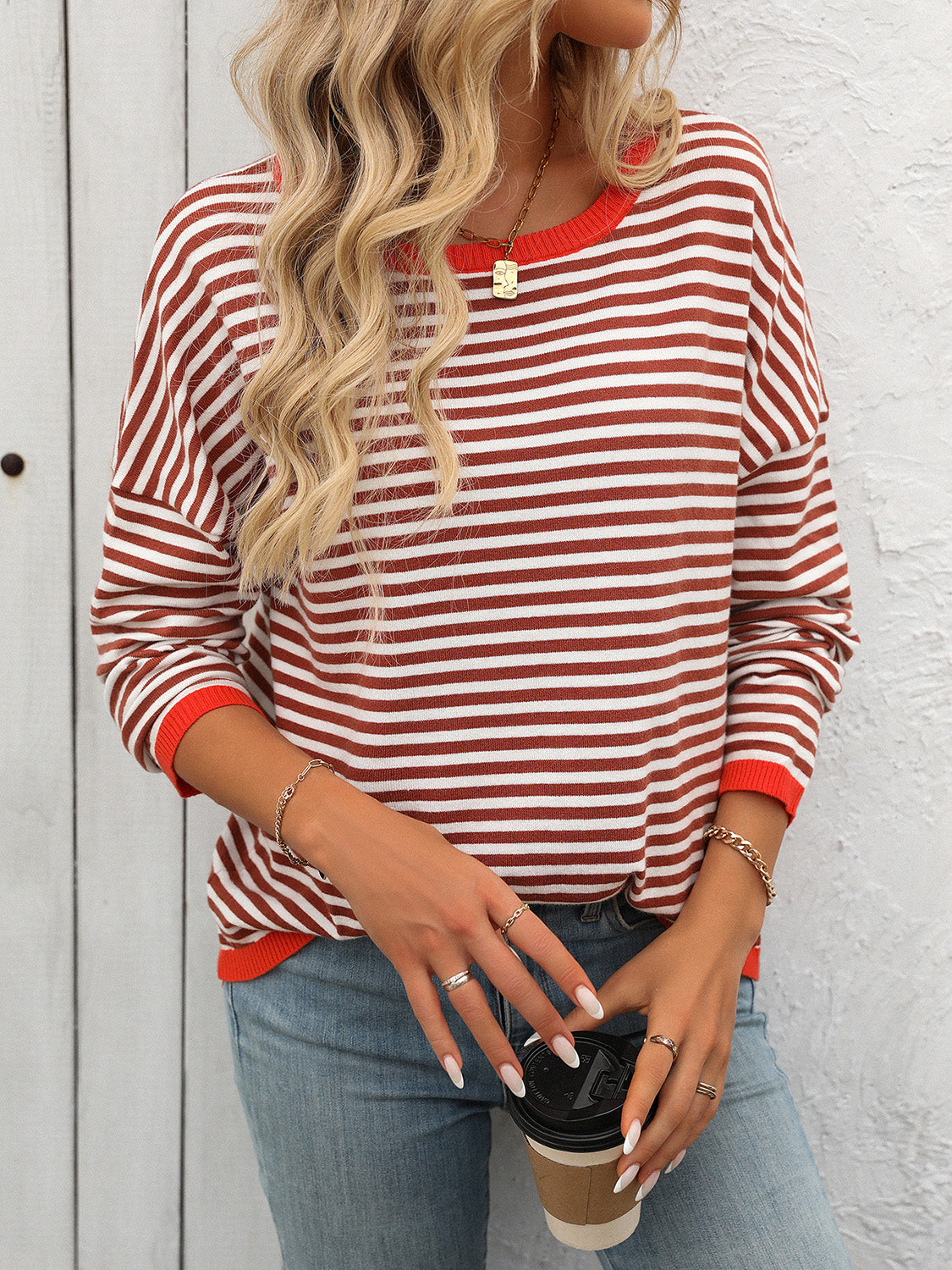 Mandy Striped Round Neck Long Sleeve Sweater - Sydney So Sweet