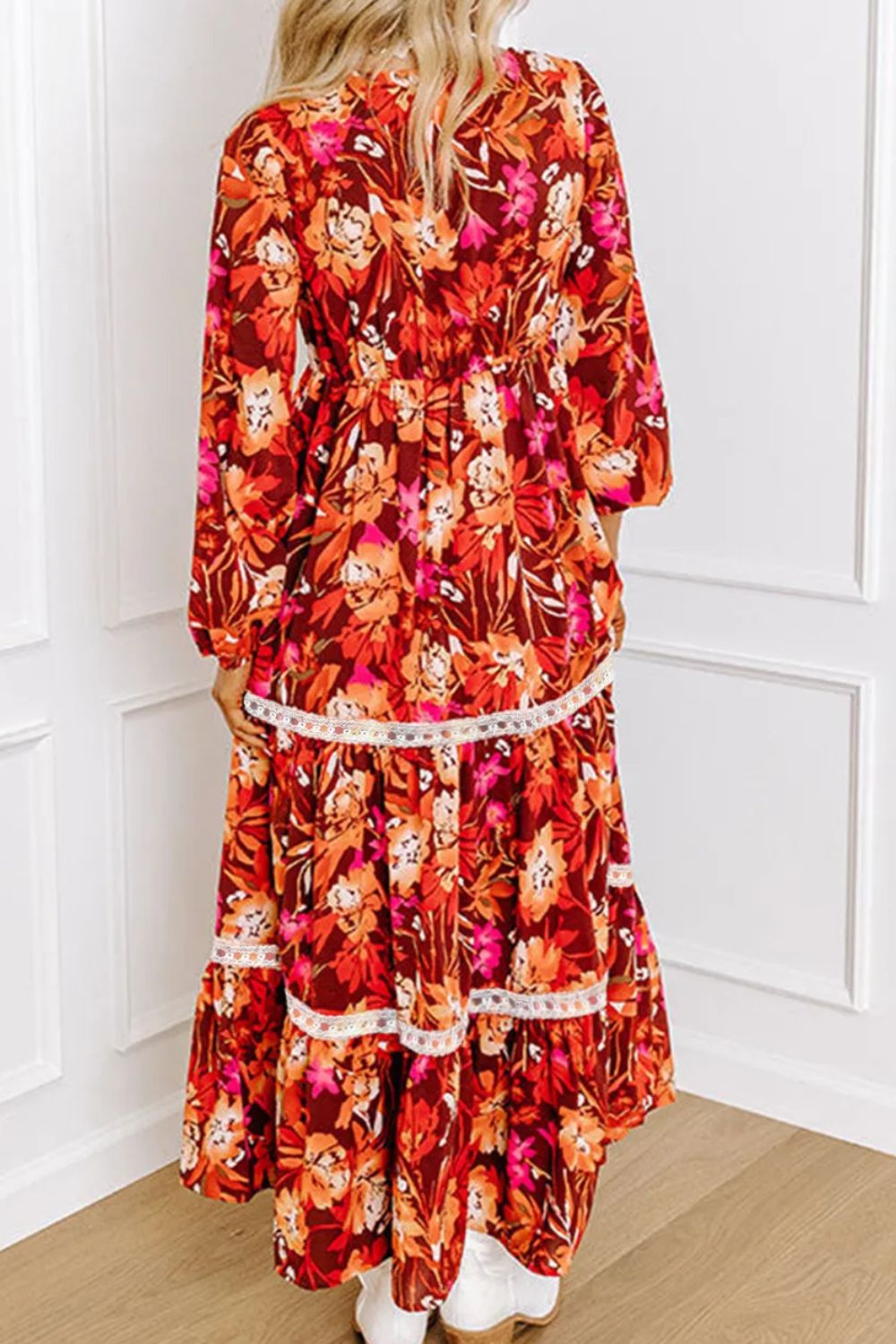 Printed V-Neck Long Sleeve Midi Dress - Sydney So Sweet