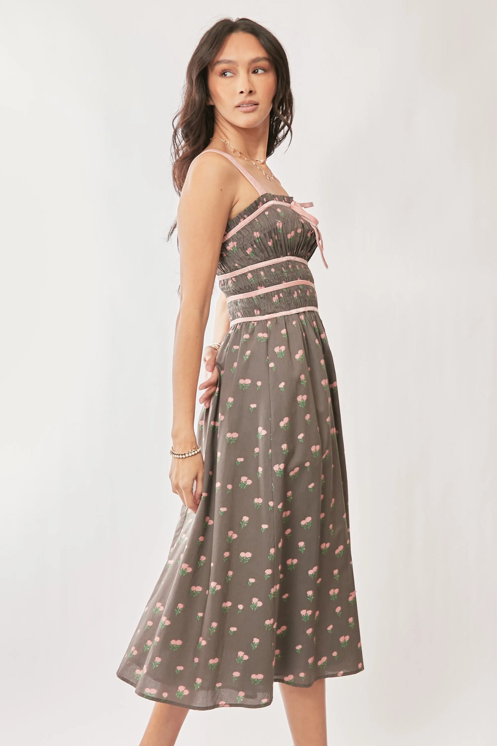 Davi & Dani Contrast Velvet Tape Smocking Bodice Midi Dress - Sydney So Sweet