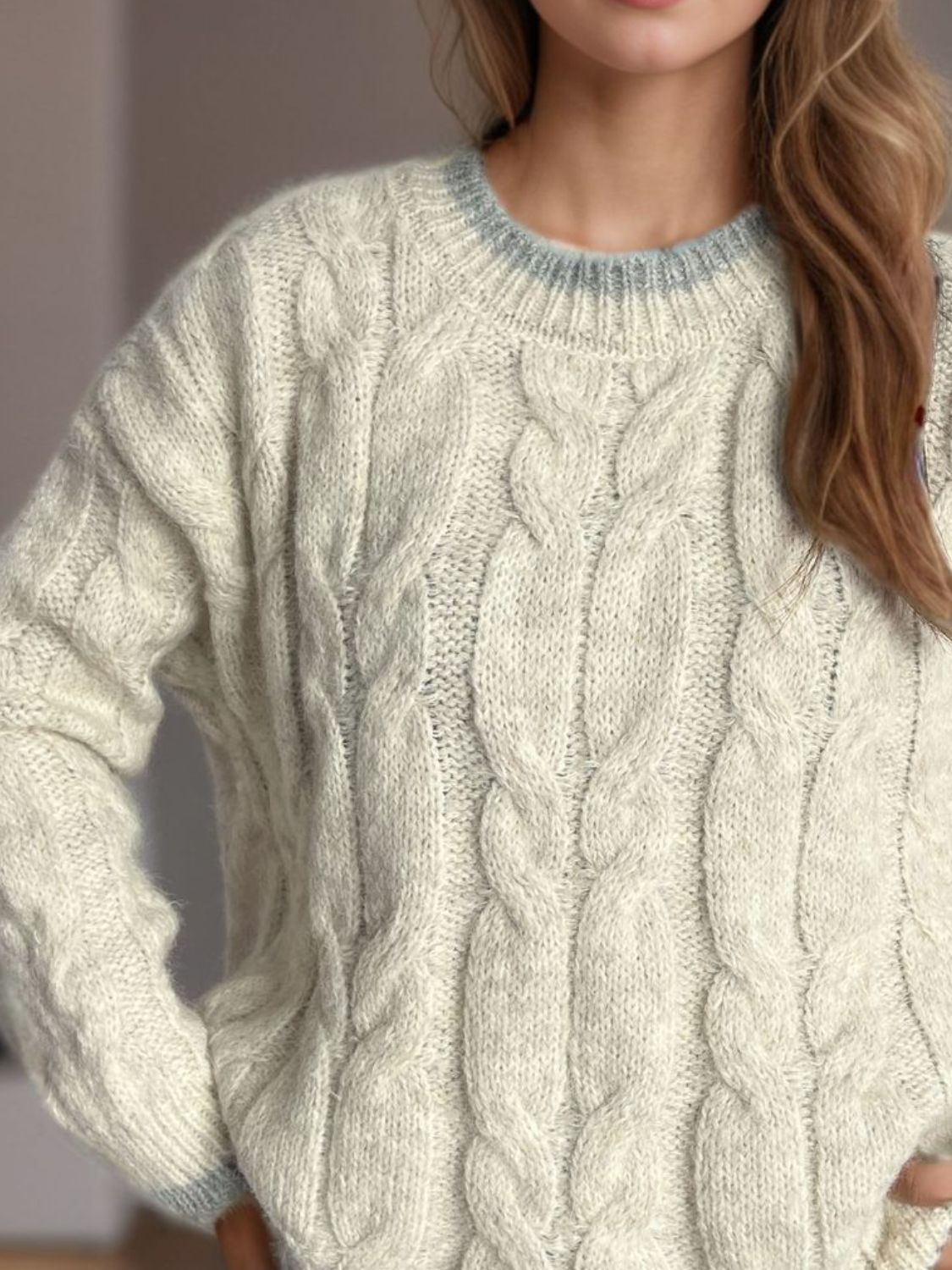 Cable Knit Round Neck Long Sleeve Sweater - Sydney So Sweet