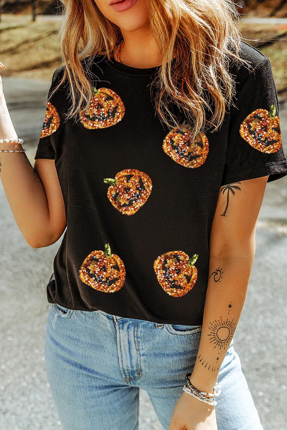 Sequin Pumpkin Round Neck Short Sleeve T-Shirt - Sydney So Sweet