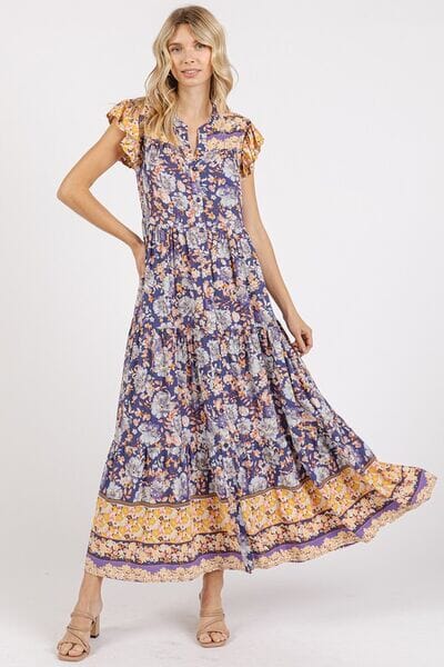 Mittoshop Floral Ruffled Notched Cap Sleeve Maxi Dress - Sydney So Sweet