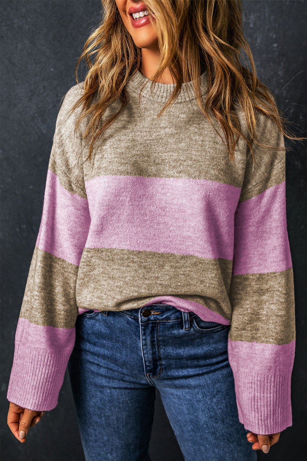 Color Block Round Neck Long Sleeve Sweater - Sydney So Sweet