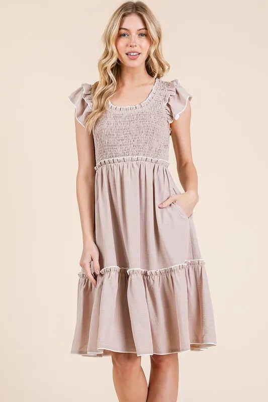 Lime 'N' Chili Ruffle Trim Smocked Dress with Contrast - Sydney So Sweet