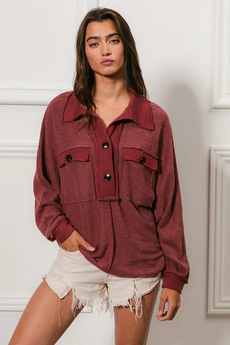 BiBi Cp French Terry Cut Edge Detail Collared Top - Sydney So Sweet