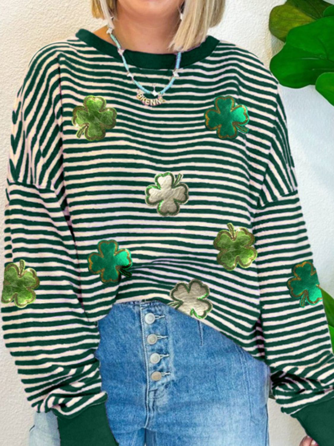 Stripe Lucky Clover Drop Shoulder Sweatshirt - Sydney So Sweet