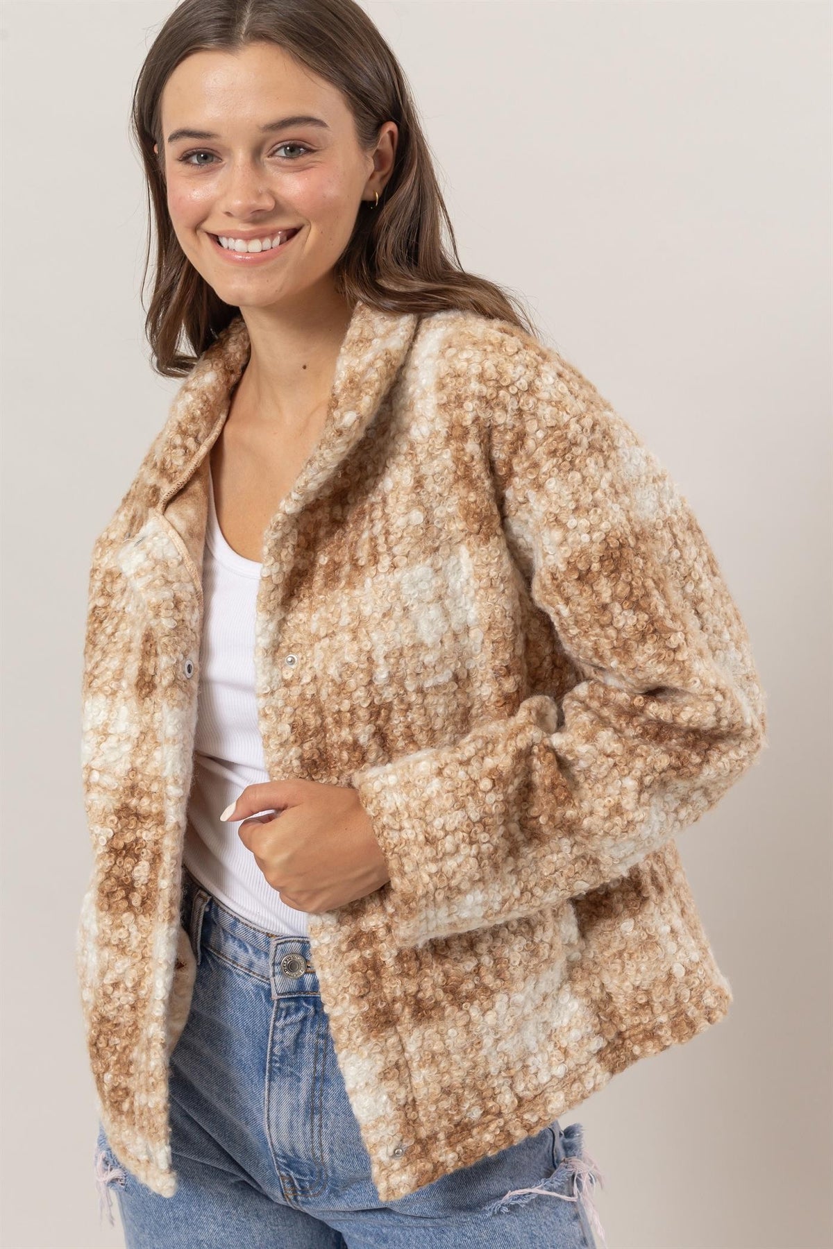 HYFVE Plaid Collared Neck Boucle Jacket with Pockets - Sydney So Sweet