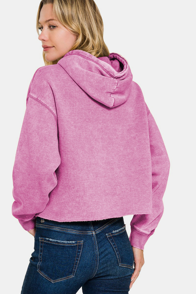 Zenana Acid Wash Fleece Cropped Hoodie - Sydney So Sweet