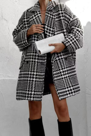 Houndstooth Collared Neck Long Sleeve Coat with Pockets - Sydney So Sweet