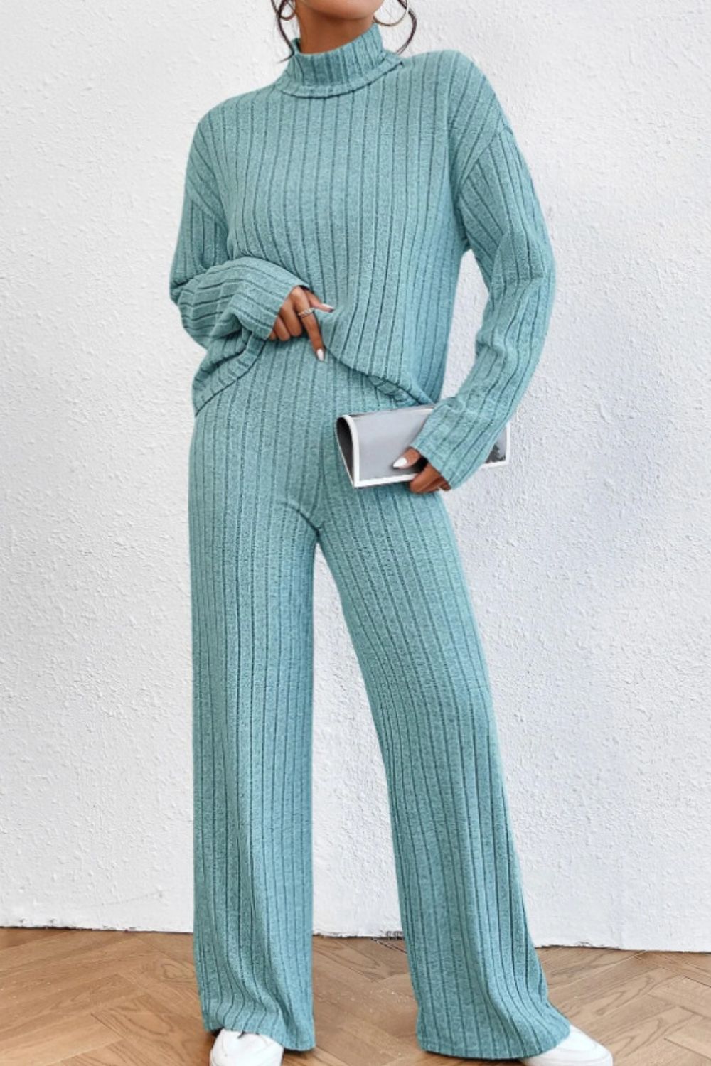 Mock Neck Dropped Shoulder Top and Pants Set - Sydney So Sweet