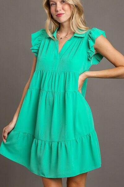 Umgee Full Size Johnny Collar Ruffle Cap Sleeve Tiered Dress Plus Size - Sydney So Sweet