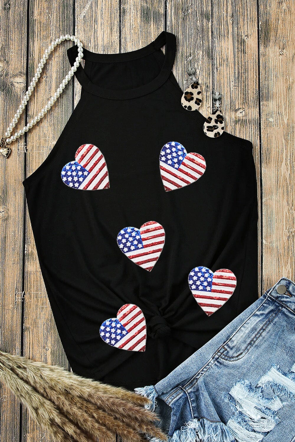 Heart US Flag Round Neck Grecian Neck Tank - Sydney So Sweet