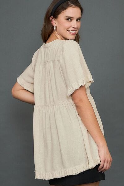 Umgee Full Size Raw Hem Notched Babydoll Linen Blouse Plus Size - Sydney So Sweet