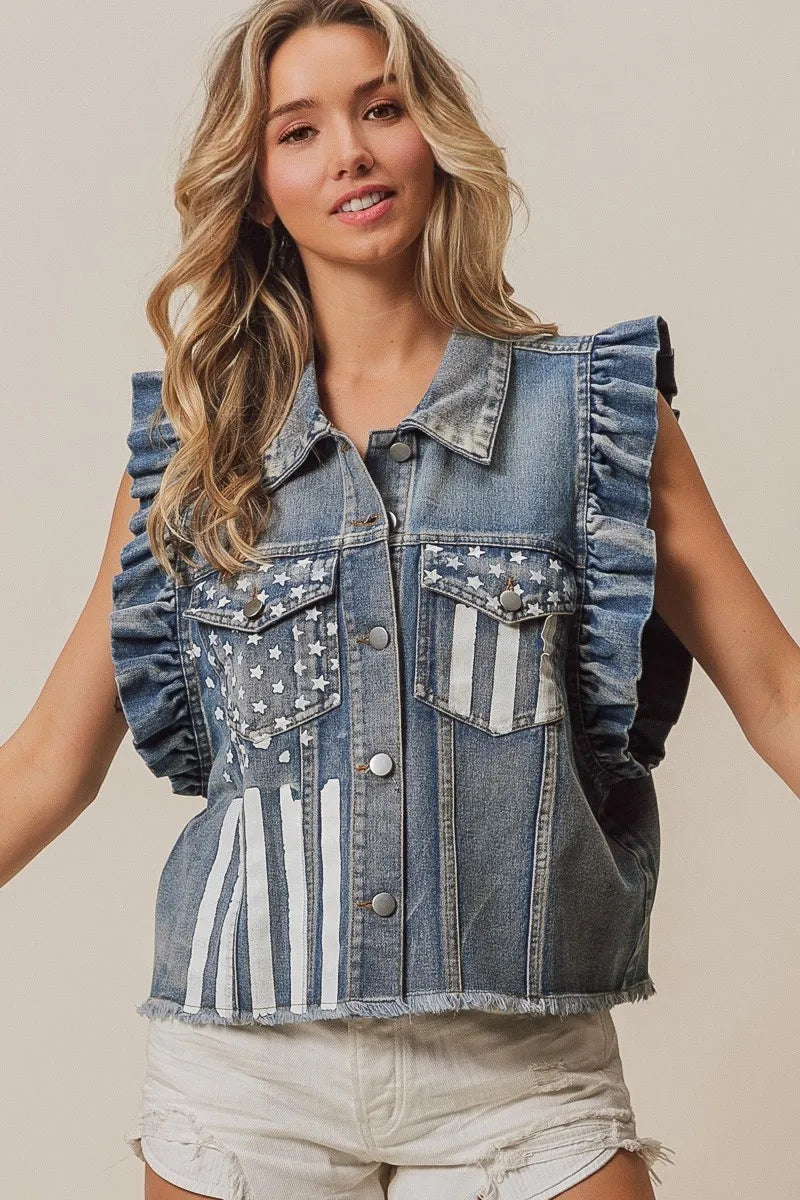 BiBi American Flag Washed Denim Jacket - Sydney So Sweet