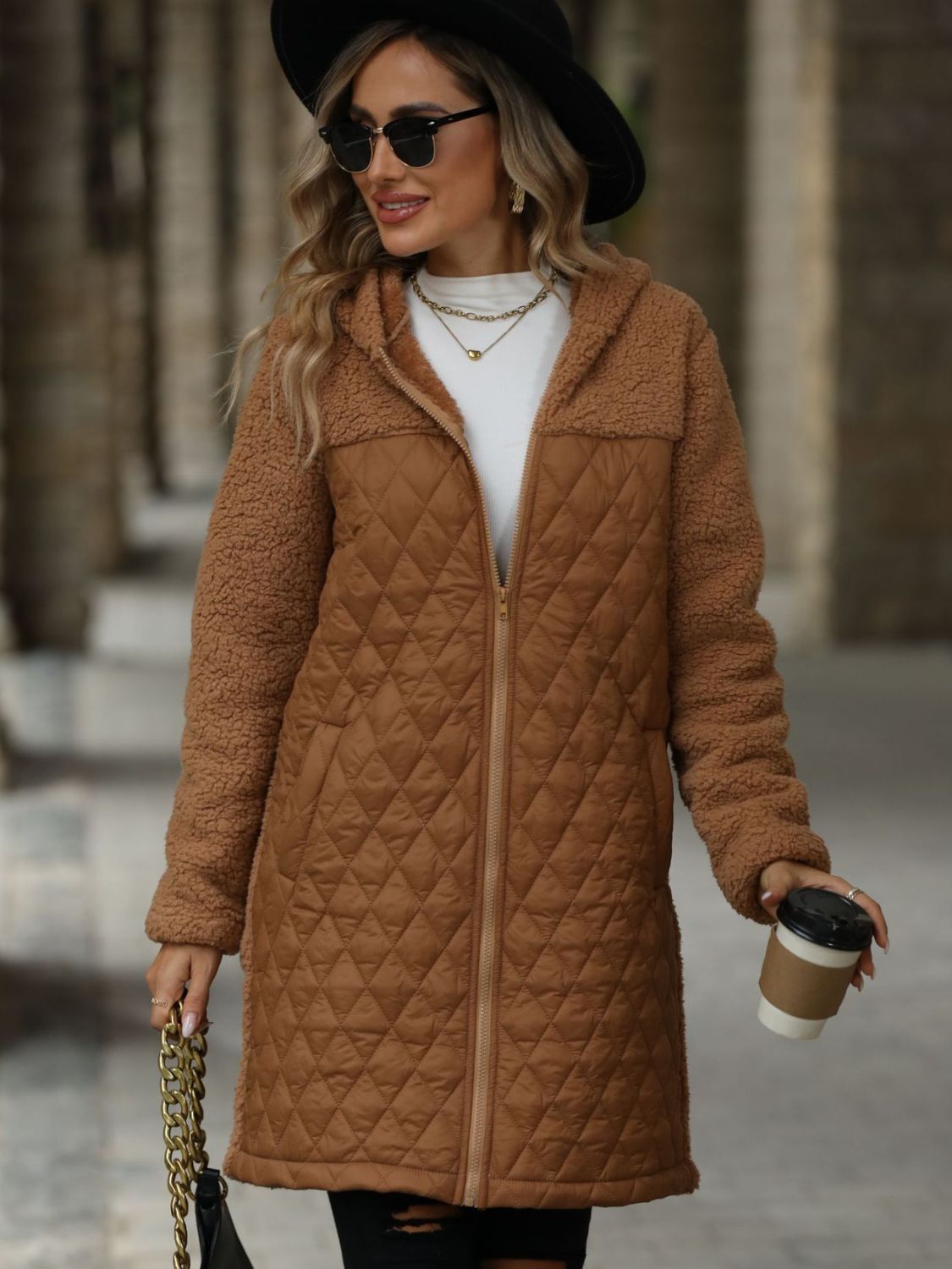 Texture Zip Up Long Sleeve Hooded Coat - Sydney So Sweet