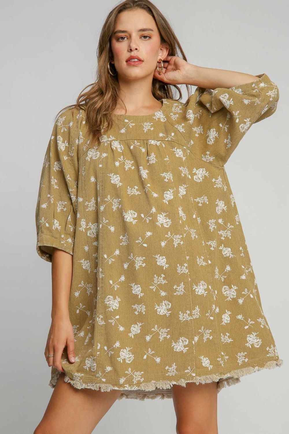 Umgee Raw Hem Floral Print Round Neck Denim Dress - Sydney So Sweet