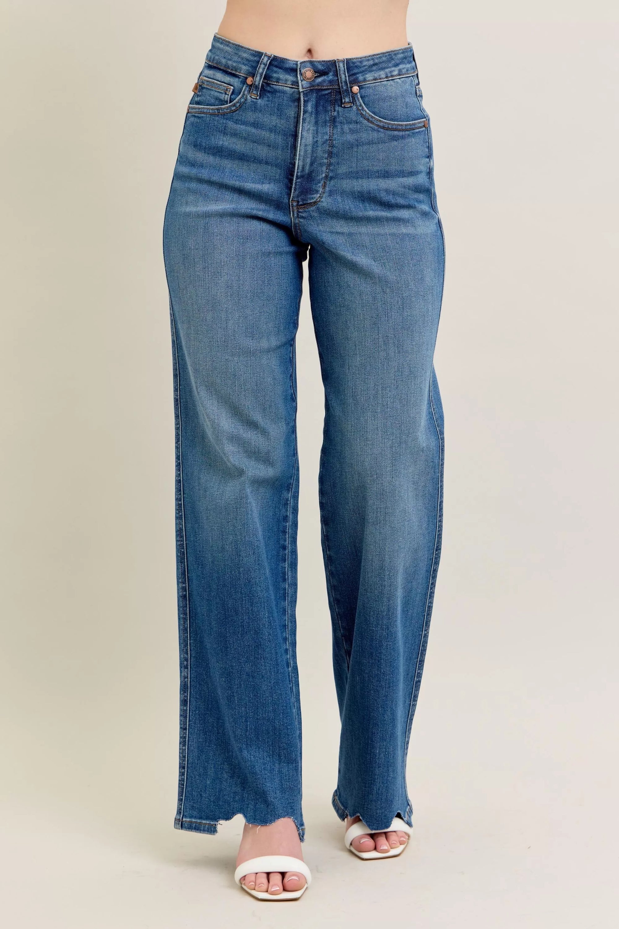 Judy Blue Full Size High Waist Tummy Control Chew Hem Destroy Wide Jeans Plus Size - Sydney So Sweet