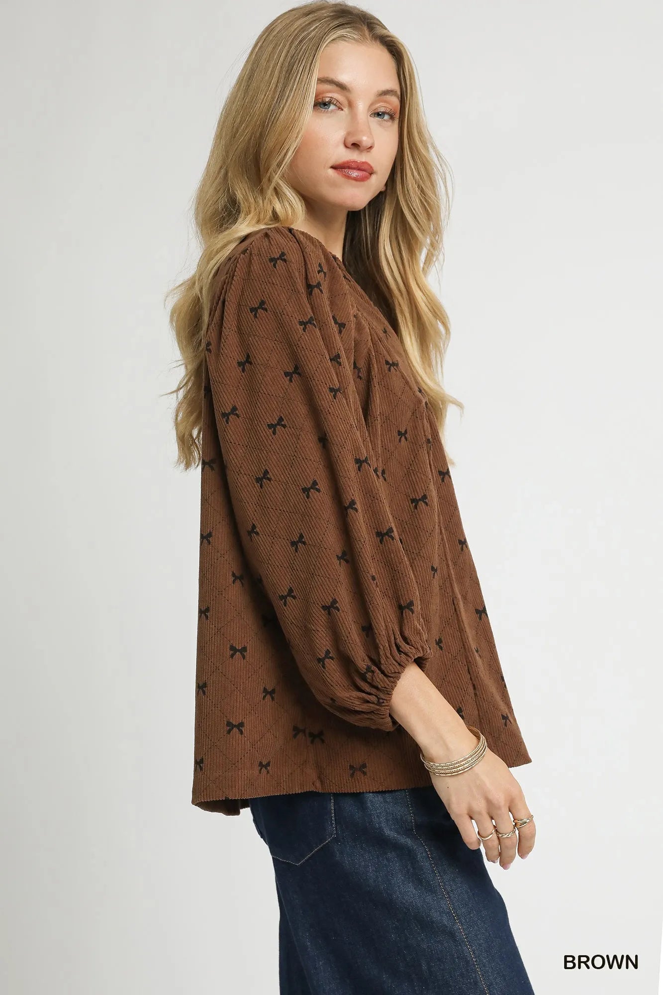 Umgee Corduroy Bow Print Balloon Sleeve Blouse - Sydney So Sweet
