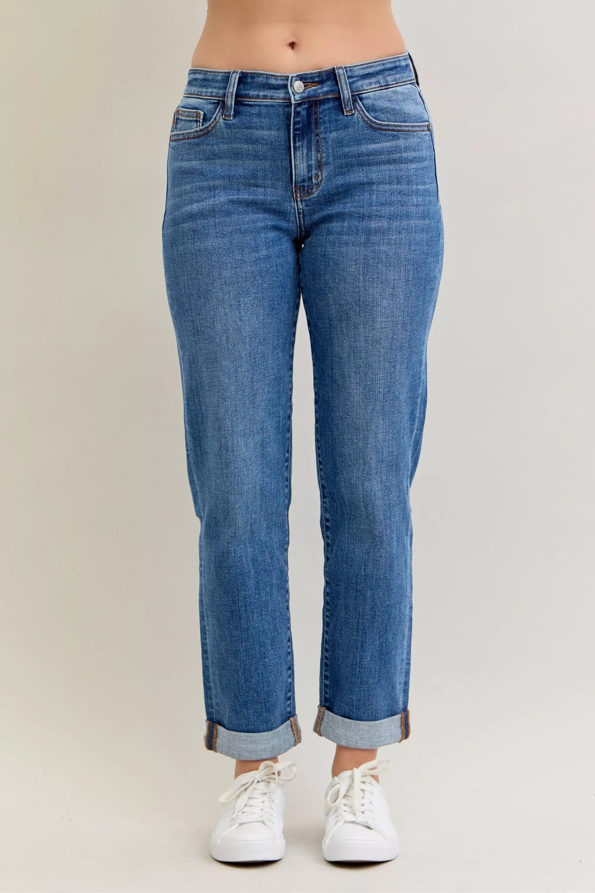 Judy Blue Full Size Mid Rise BF Classic Cuffed Jeans Plus Size - Sydney So Sweet