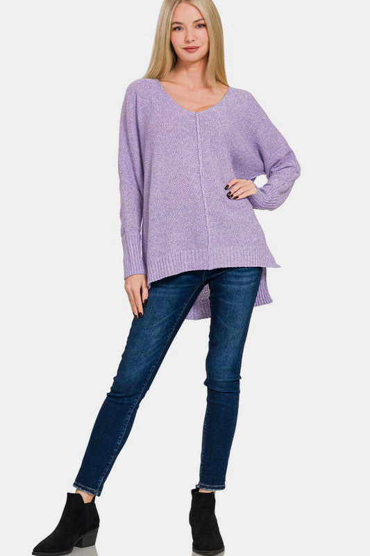 Zenana High-Low Center Seam V-Neck Sweater - Sydney So Sweet