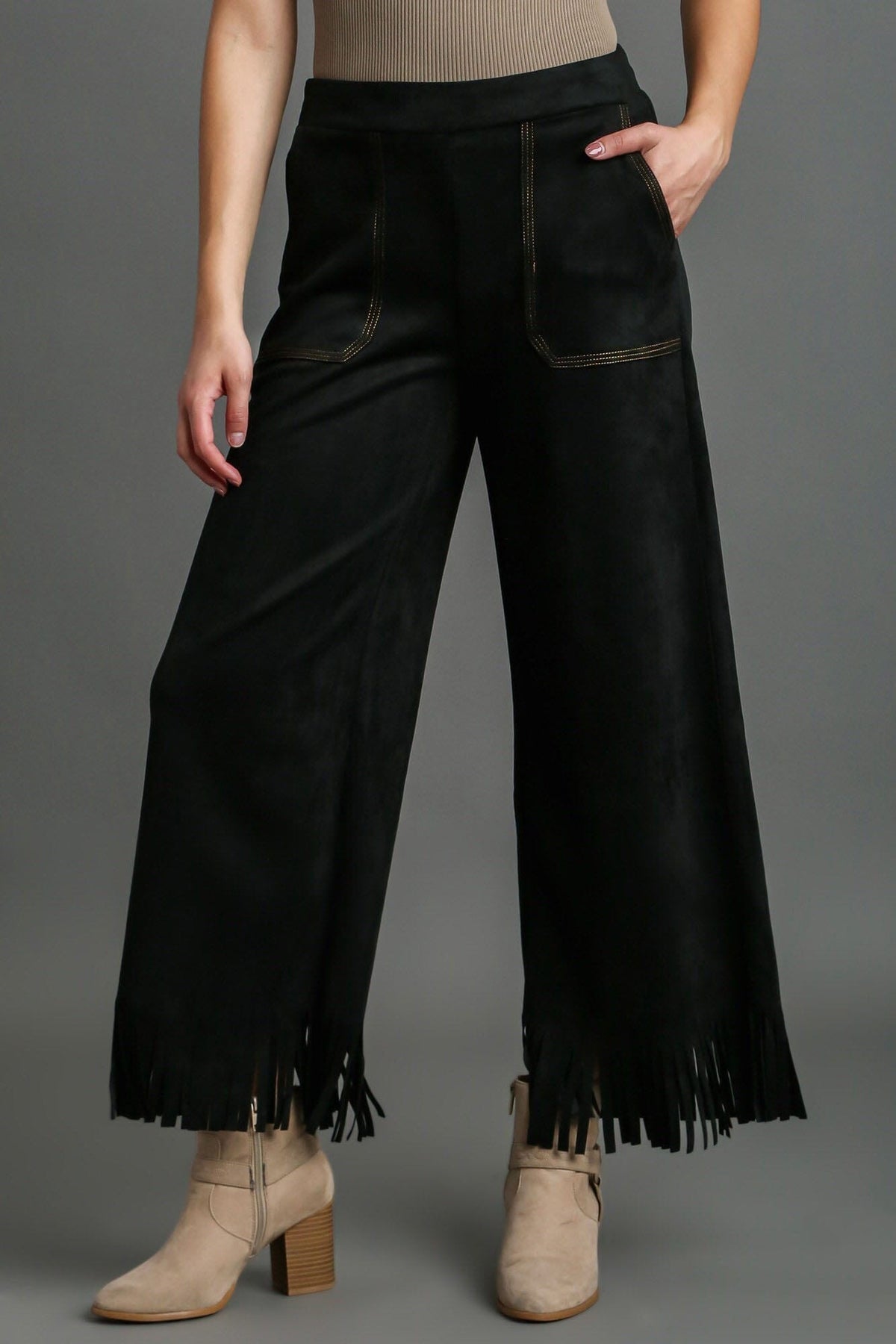 Umgee Full Size Suede Fringe Hem Wide Leg Pants Plus Size - Sydney So Sweet
